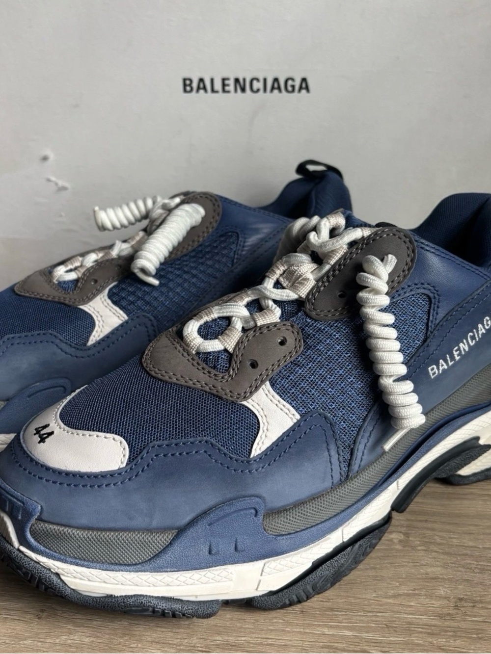 Balenciaga 'Triple S' Navy Blue Curly Lace Low Top Sneakers Sz 11 - Picture 2 of 13